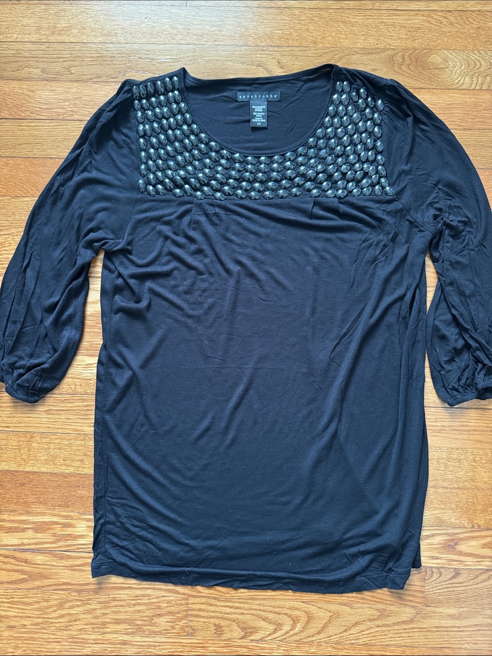 Apostrophe Black Beaded Yoke 3/4-Sleeve  Round Neck Top